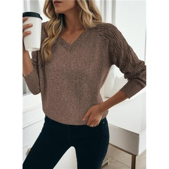 Womens Crochet Sweater Lightweight V Neck Long Sleeve Summer Pullover Top - Picture 5 of 6